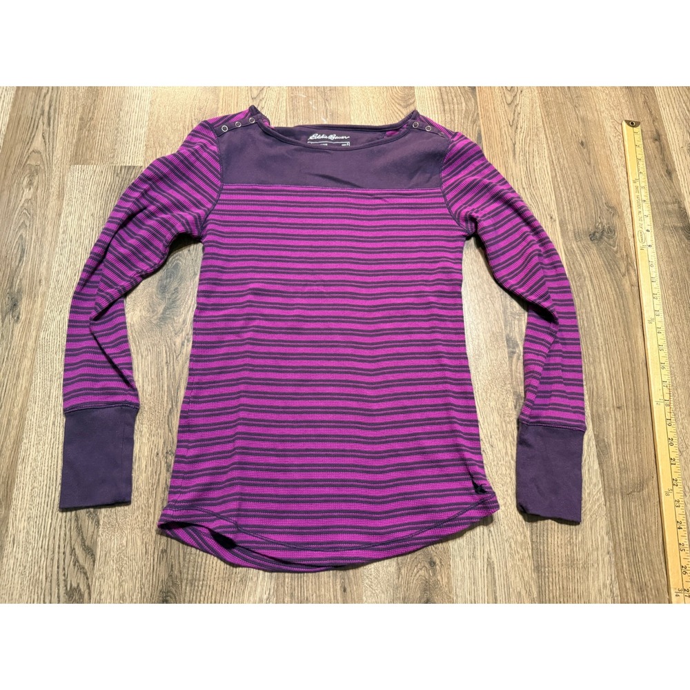 Eddie Bauer Shirt Womens S Purple Striped Waffle Knit Long Sleeve Snap Shoulder